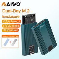 MAIWO Dual Bay Enclosure for M.2 NVMe PCIe SSD Enclosure with RAID0/1/PM/JBOD USB 3.2 Gen2x2 Type-C 20Gbps Speed 16TB Capacity