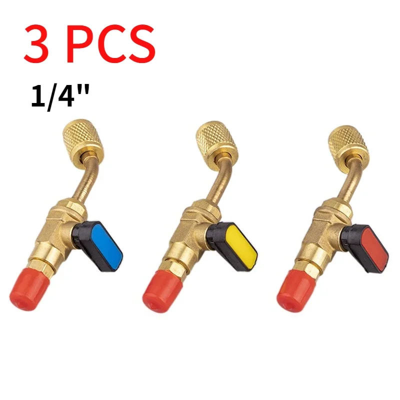 3pcs 1/4 SAE Car Air-conditioning Refrigeration Ball Valve Adapter for R12 R22 R134a Copper on/OFF Valve