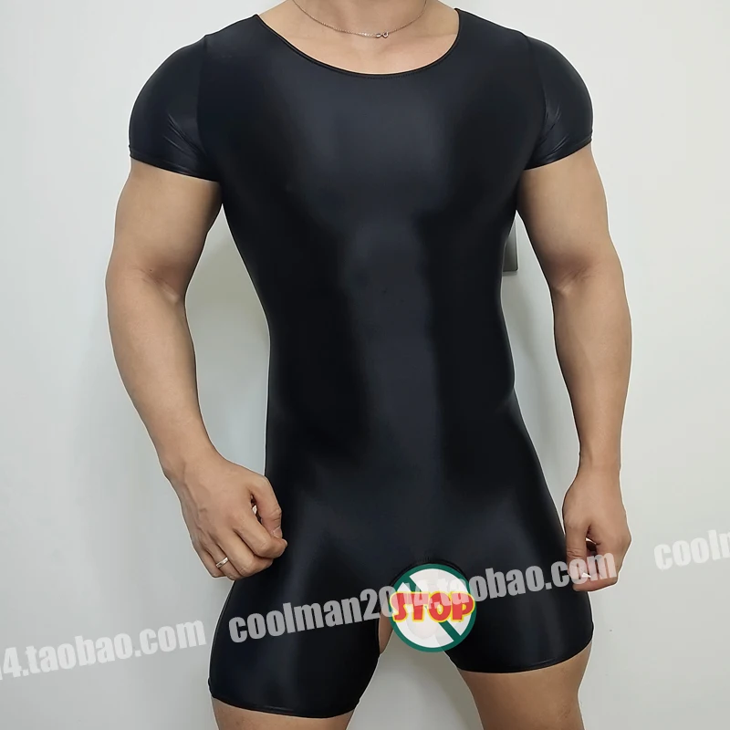 Mens Glossy See Through Open Crotch Satin Sexy Bodycon Playsuit Romper Short Sleeve Onesies Suit Outfit Jumpsuit