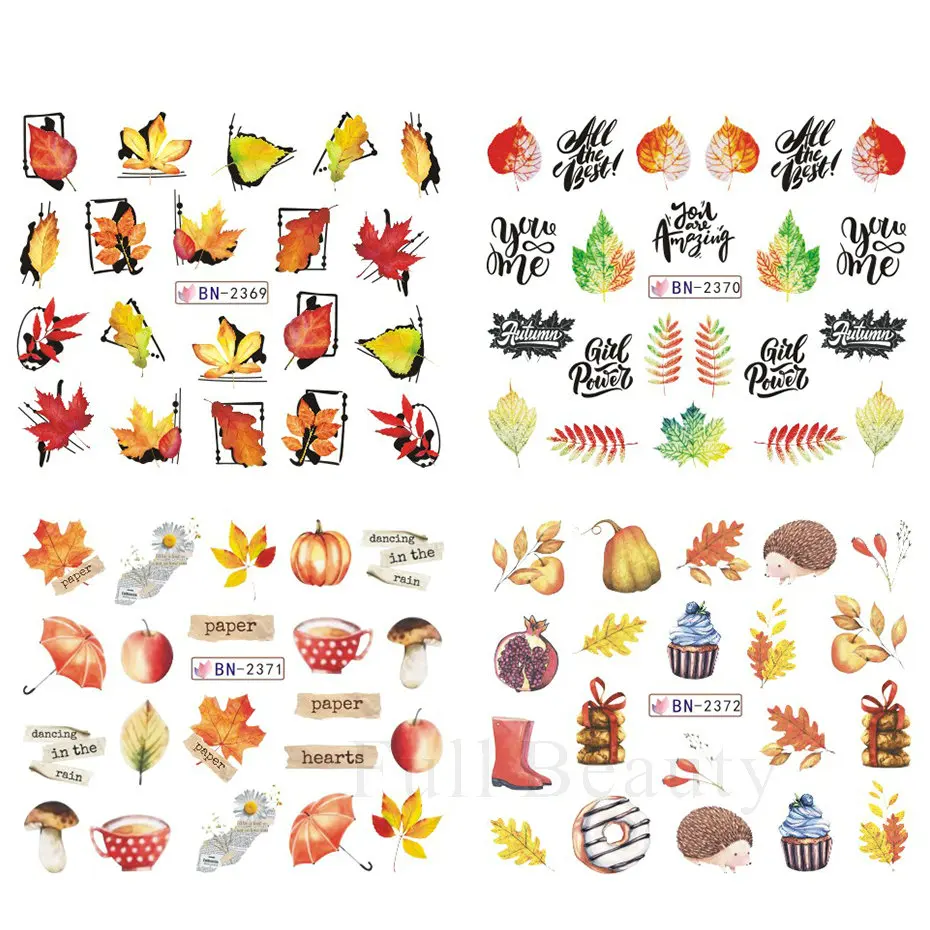 12patterns Autumn Thanksgiving Nail Transfer Sticker Maple Leaf Flower Water Decals Squirrel Fox Nail Art Slider Decal Decor