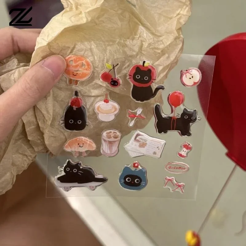1 folha 3d resina epóxi decalques transparentes ins bonito gato preto dos desenhos animados geléia alívio adesivo diy casos de telefone portátil tablet decoração