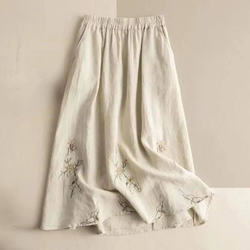 

Cotton Linen Women's Long Skirt Summer New Embroidered Elasticity Waist Thin Loose Fashion Casual A- Line Skirt