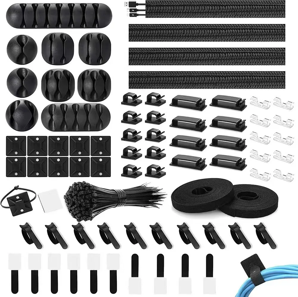 173 PCS Cable Management Kit Include Organizer Sleeve Cord Clips Cable Organizer Straps and Fastening Cable Ties for Office Home