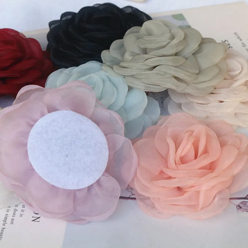 10PCS 8CM 3D Organza Chiffon Gauze Burnt Edge Fabric Artificial Rose Flower Wedding Dress Neck Decoration DIY Sewing Applique