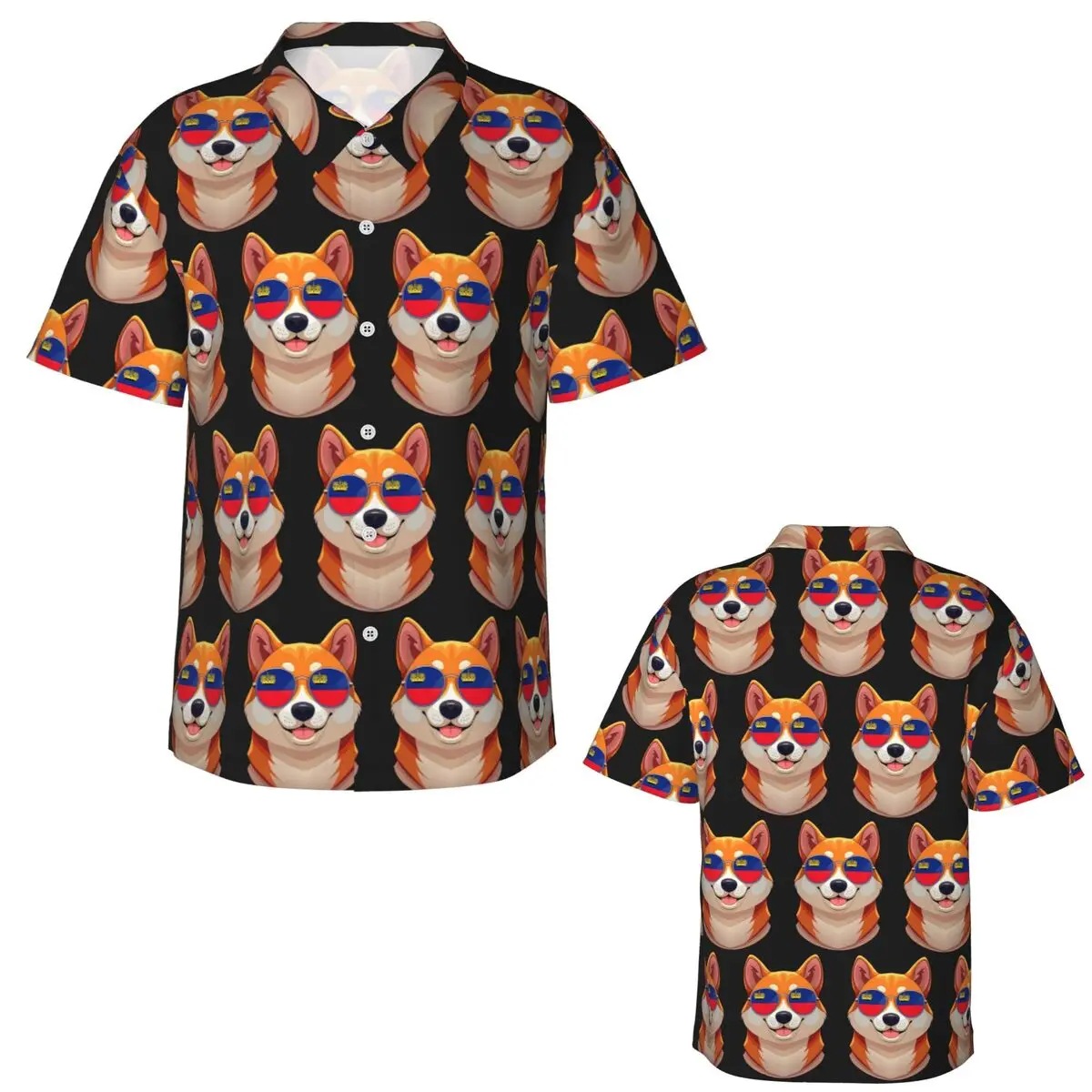 Vintage Patriotic Shiba Inu Liechtensteiner Flag Hawaiian Shirts Casual Men Short Sleeve Shirt for Summer Beach Men's Lapel Tops