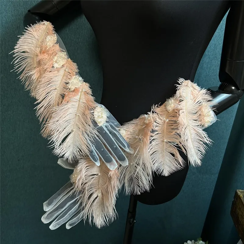 Women\'s Elegant Fashion Spring Summer Natural Feather Long Mesh Glove Female Driving Photograph Performance Party Glove R2312