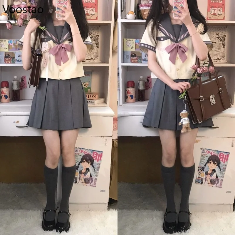 Menina da Escola Japonesa JK Uniforme para Mulheres, Blusas Laço Kawaii, Mini Conjuntos de Saias Plissadas de Cintura Alta, Fofos de Marinheiro para Meninas