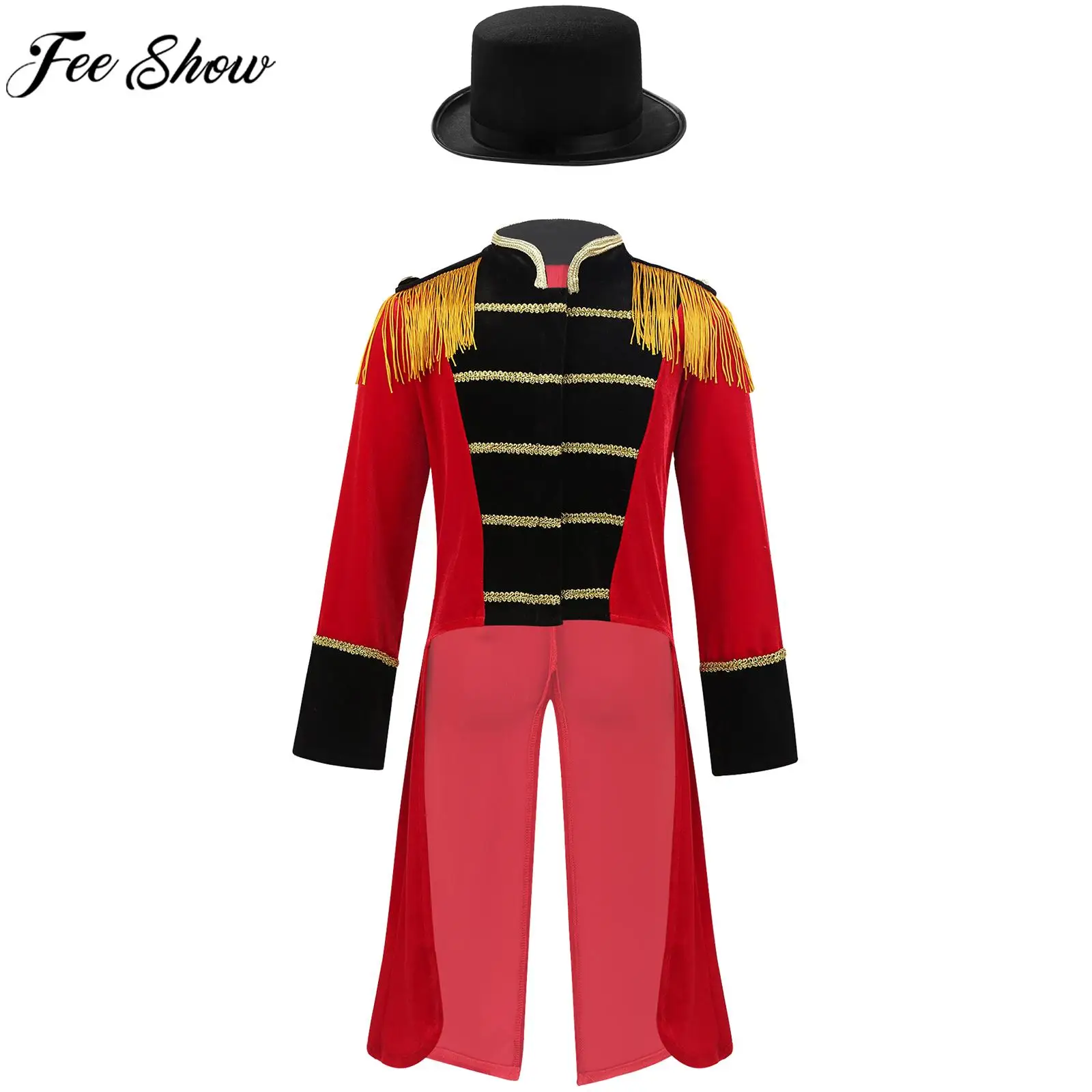 Boy Circus Ringmaster Cosplay Costume Halloween Theme Party Magician Dress Up Coat Long Sleeve Tassel Tailcoat with Felt Hat