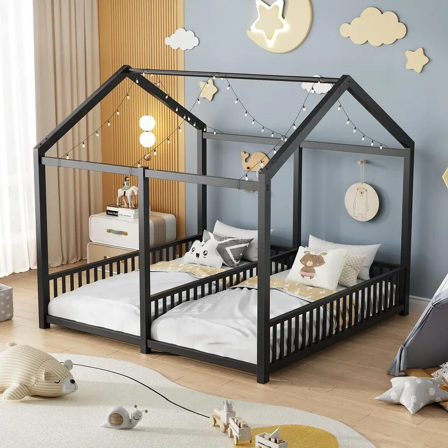 

Низкая кровать Монтессори с ограждением и крышей для двух детей, подростков, мальчиков и девочек, двухместная, простая сборка, не требует пружинного основания, черная