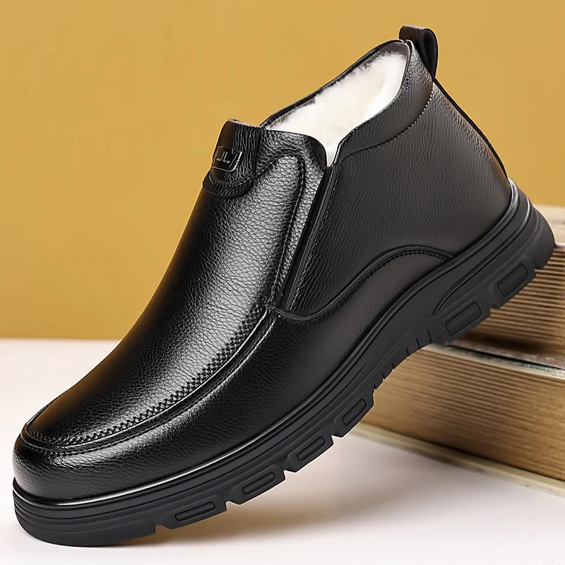 

Лидер продаж, зимние мужские туфли с высоким берцем на толстой подошве, теплые плюшевые ботильоны, мужская кожаная повседневная обувь, износостойкая подошва