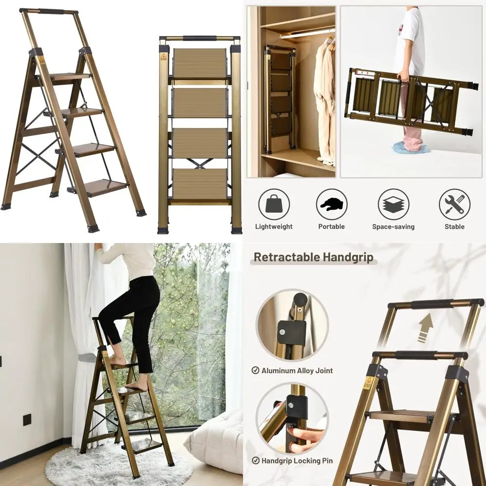 سلم ألومنيوم قابل للطي بأربع خطوات مع درابزين قابل للسحب ودواسات واسعة مضادة للانزلاق وتصميم محمول للاستخدام المنزلي والمكتبي #1