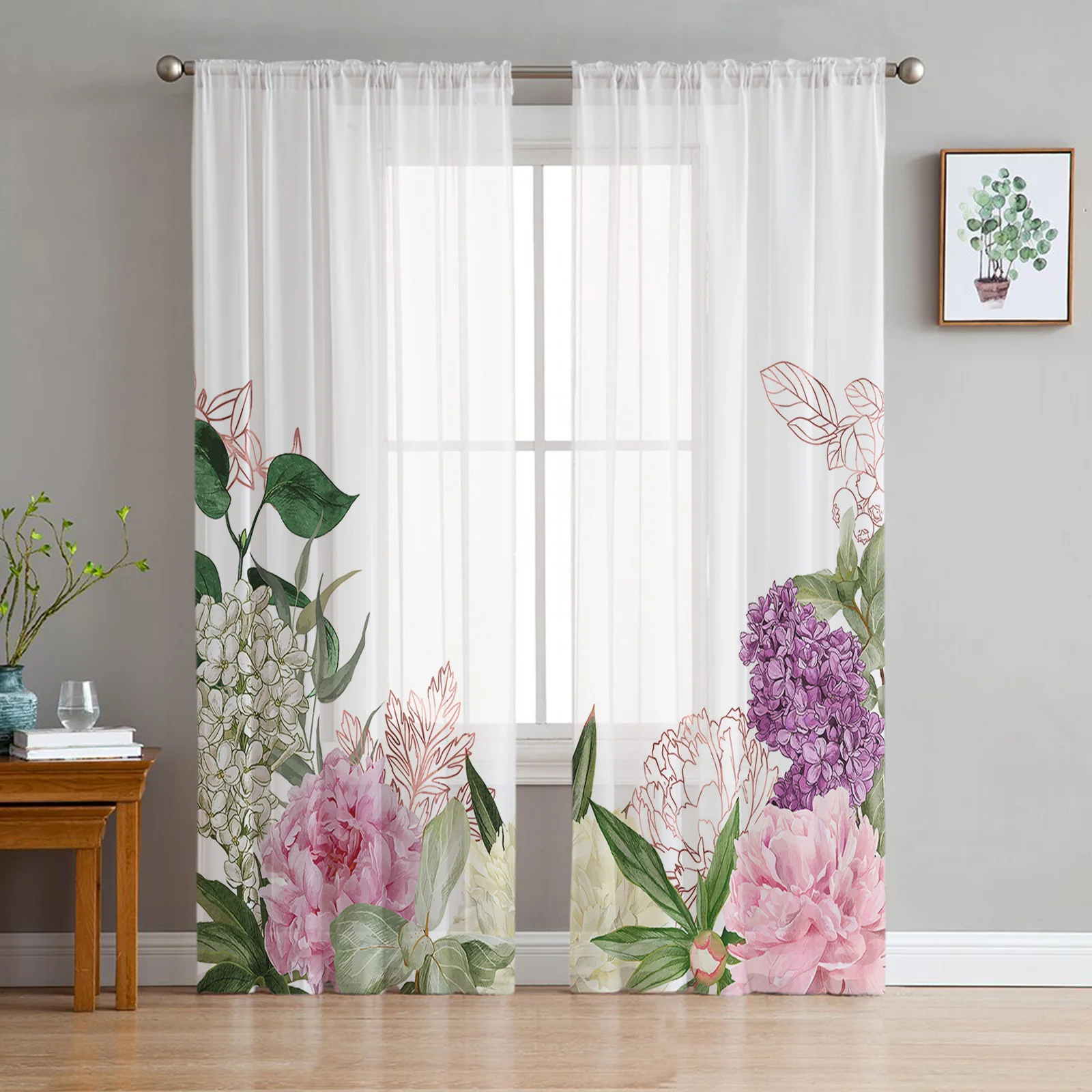 

Peonies Roses Flower White Tulle Curtains For Living Room Kitchen Decoration Chiffon Window Treatments Voile Sheer Curtain