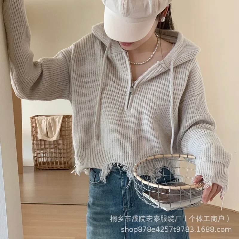 Women's Half Zipper Knitted Hooded Sweater, Simple Torn Edge, Korean Version Loose Pullover, Autumn and Winter