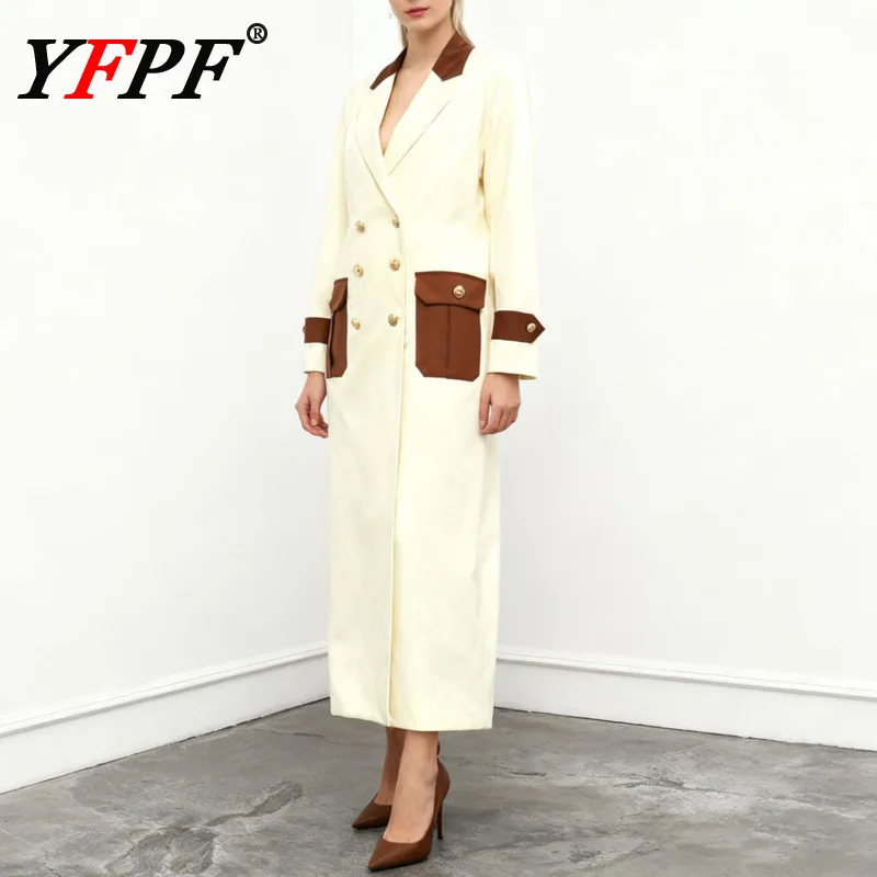

YFPF Autumn Winter New Long Coat Women Fashion Contrast Color Patchwork Pockets Button Temperament Windbreaker 2026 New Clothing