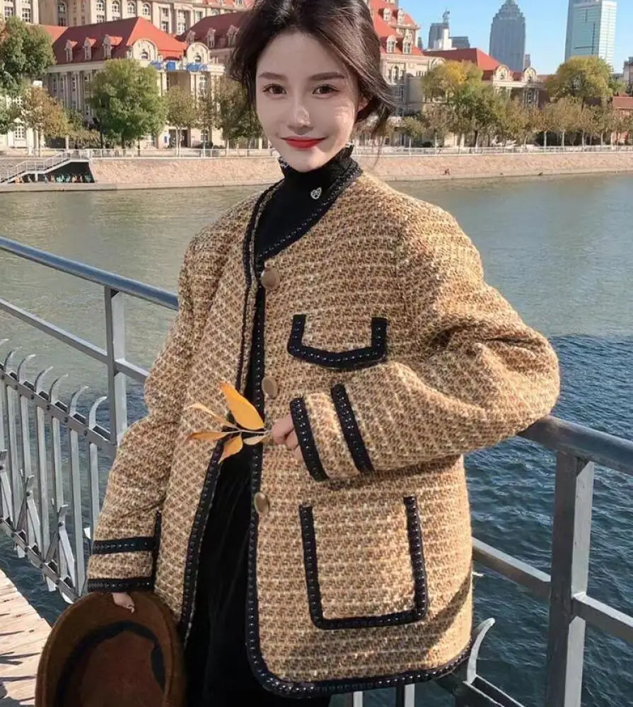 Womens Coat French Elegant Style Small Fragrance Coarse Woolen Long Sleeve Casual Versatile Age Reducing Autumn Winter