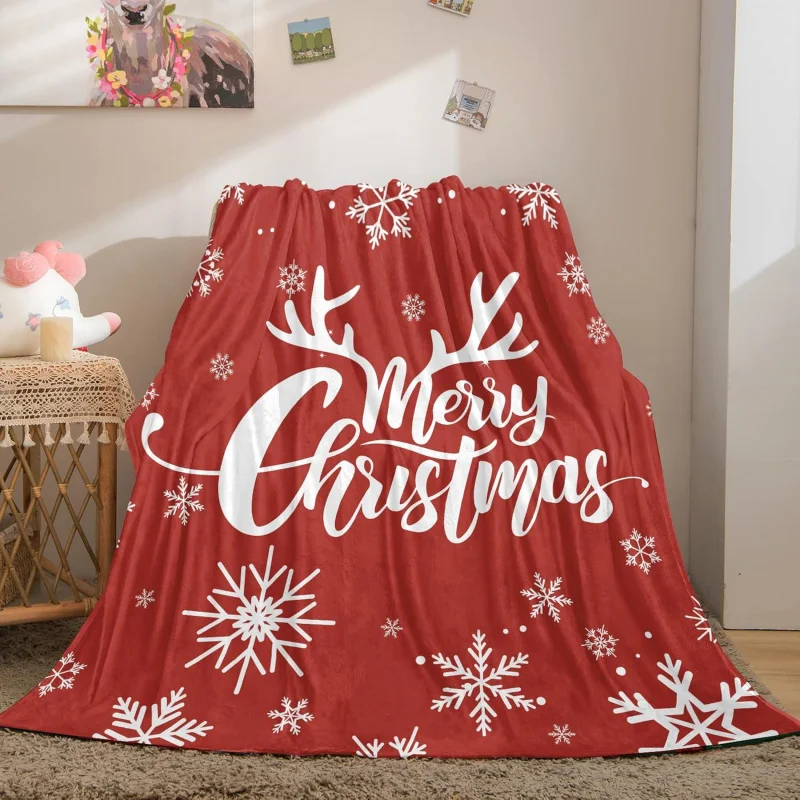 

Red Christmas blanket casual fashionable flannel sofa bedding snowflake deer pattern soft and warm 50x60 inches