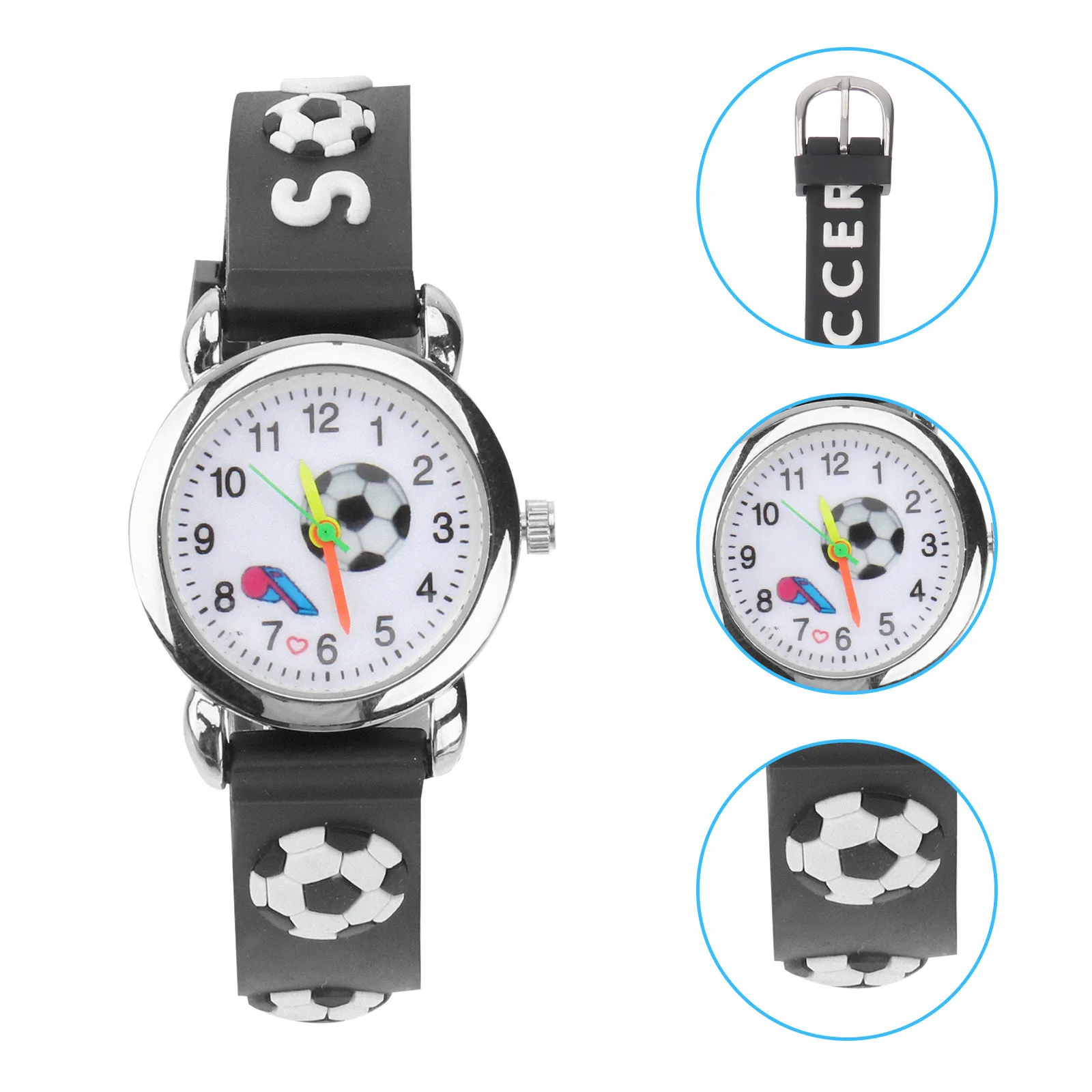 

Футбольные силиконовые часы, черный мультяшный дизайн, спортивная тема, точный кварцевый механизм, прочный, удобный для