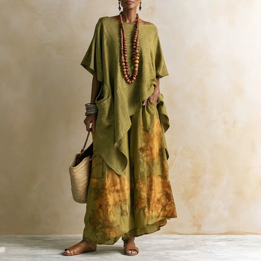 Ensemble deux pièces ample à col rond, manches chauve-souris courtes, haut asymétrique de couleur unie, pantalon imprimé à jambes larges, tenue tendance assortie