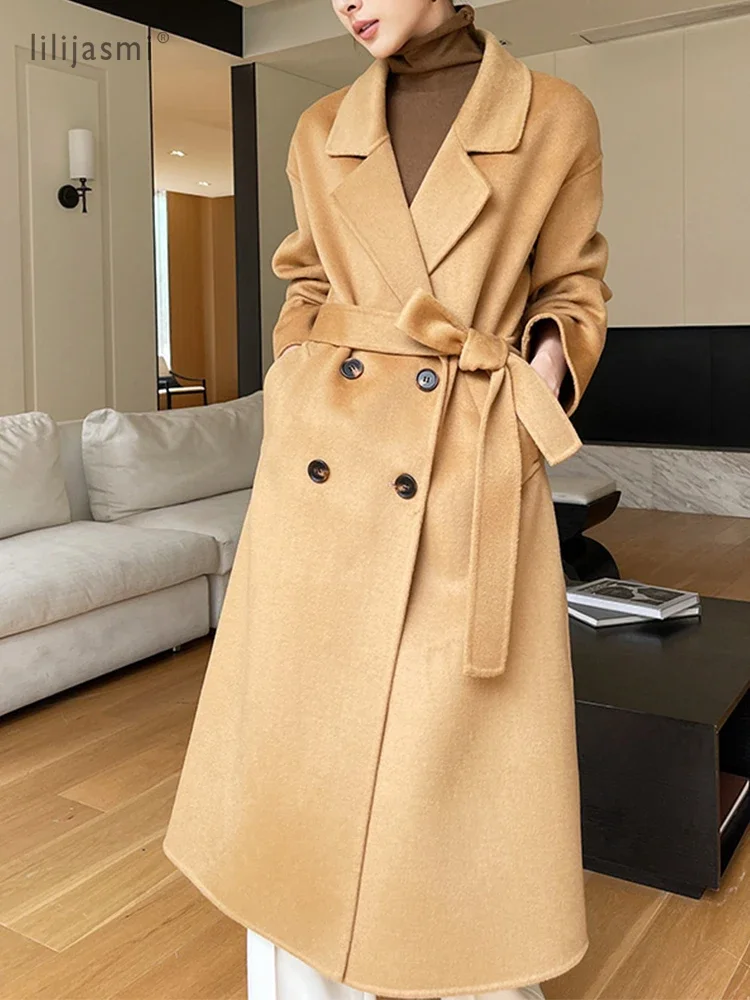 

Notch Lapel Wool Coat Drop-Shoulder Women 100% Wool Loose Overcoat Double-Layers Autumn Winter Long Jacket Thick Trench Coat #24