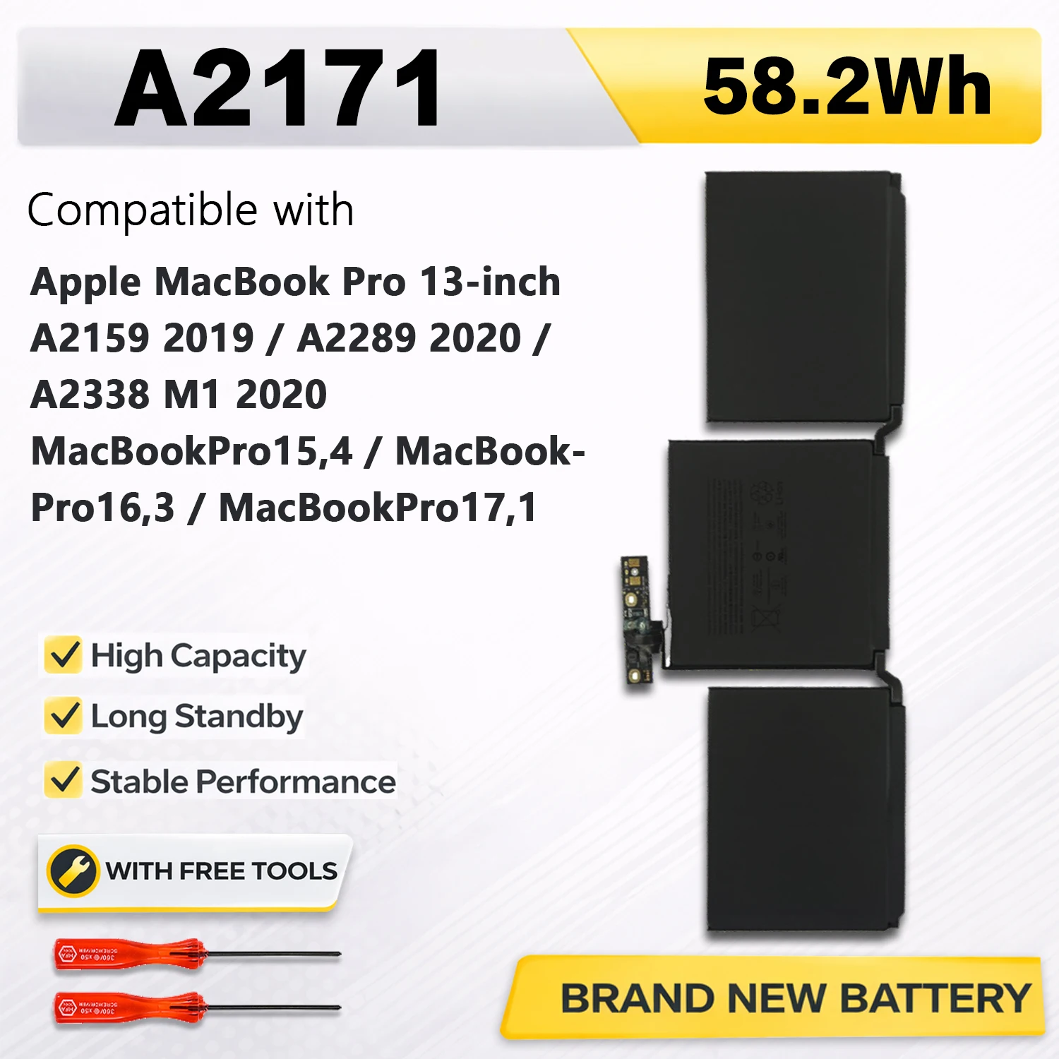 PowerHub A2171 11.41V 58.2Wh 5103mAh Laptop Battery For Apple MacBook Pro 13 A2159 A2289 A2338 616-00578 616-00675