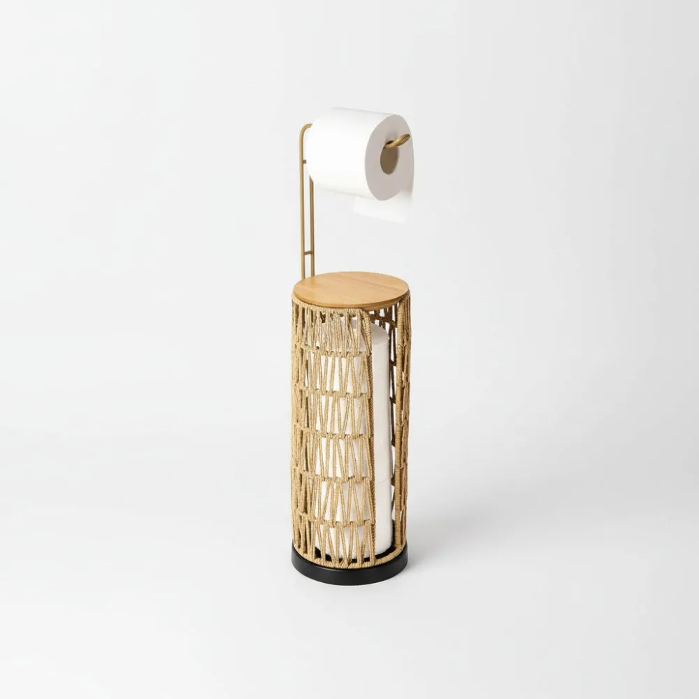 

Freestanding Rattan Toilet Paper Holder with Storage, 3-Roll Tissue Dispenser, Boho Farmhouse Bathroom Decor for Small Spaces