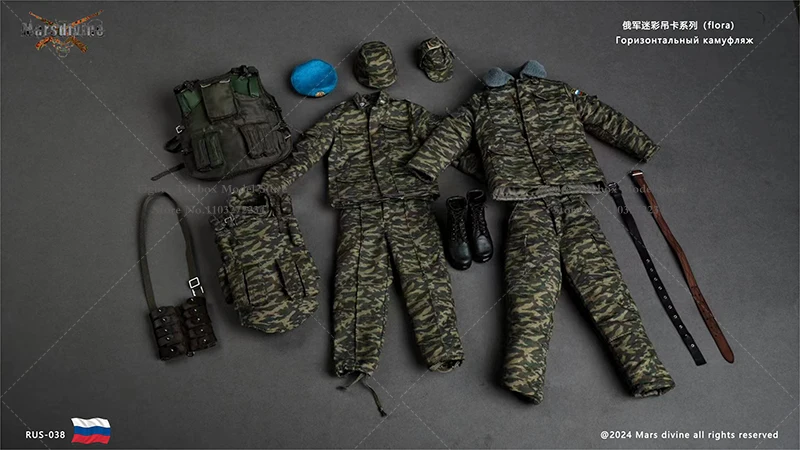 Marsdivine RUS-038 1/6 Russian Military Man Solider Camo Uniform Cap Bag Clothes Set Accessory For 12" Male Action Figure Body