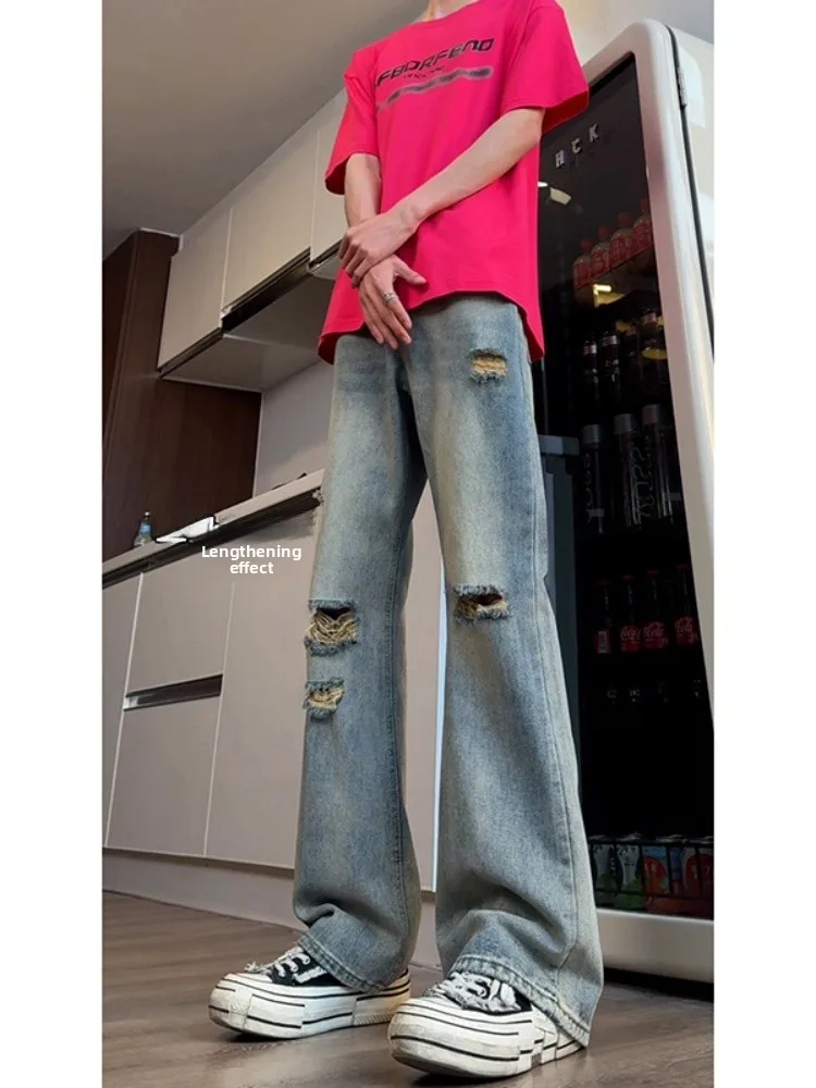 

Рваные повседневные мужские джинсы: летние, модные, свободные, прямые, длинные брюки в американском уличном стиле, широкие штаны