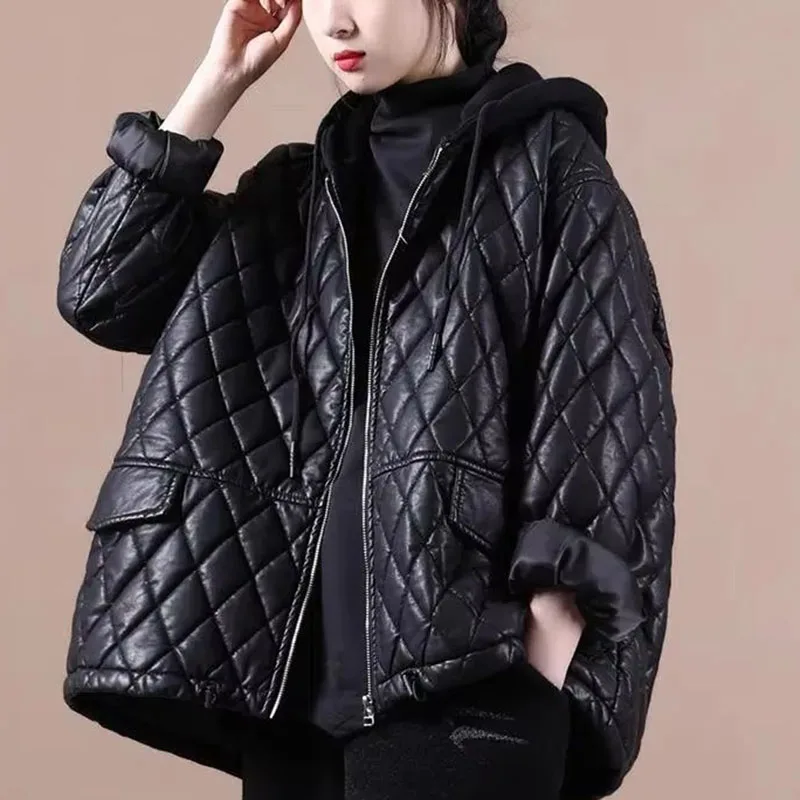 

Black PU Leather Jacket New Women's Leather Clothes Female Loose Spring Autumn Coat Quilted Thicken Winter Cotton Outerwear