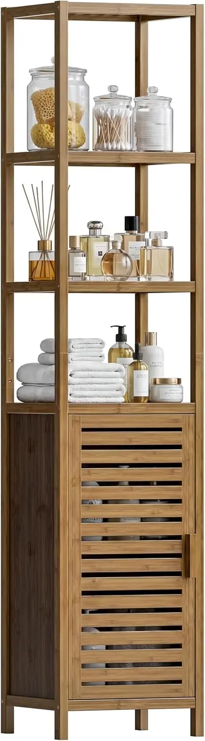 

6-Tier Bamboo Floor Cabinet, Narrow Storage Unit with Removable Shelves, Freestanding Tall Cabinet for Bathroom, Walnut