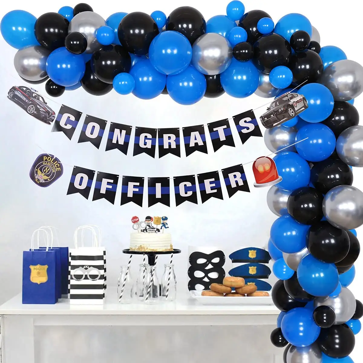 

Police Graduation Decorations Blue Black Balloon Garland Congrats Officer Banner for Police Academy Graduation Party Supplies