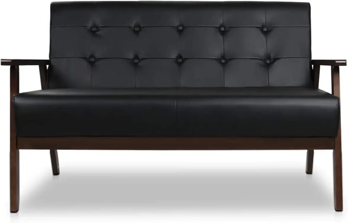 

Mid-Century Modern Solid Loveseat Sofa Upholstered Faux Leather Couch 2-Seat Wood Armchair Living Room/Outdoor Lounge Chair