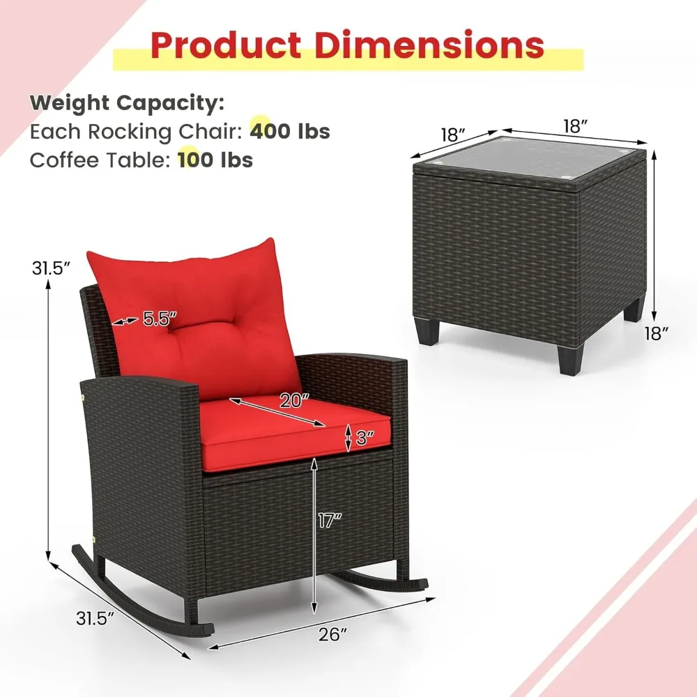 3 Pieces Patio Furniture Set, Outdoor Wicker Rocking Chairs with Soft Cushions, Glass Coffee Table, Rattan Conversation Bistro