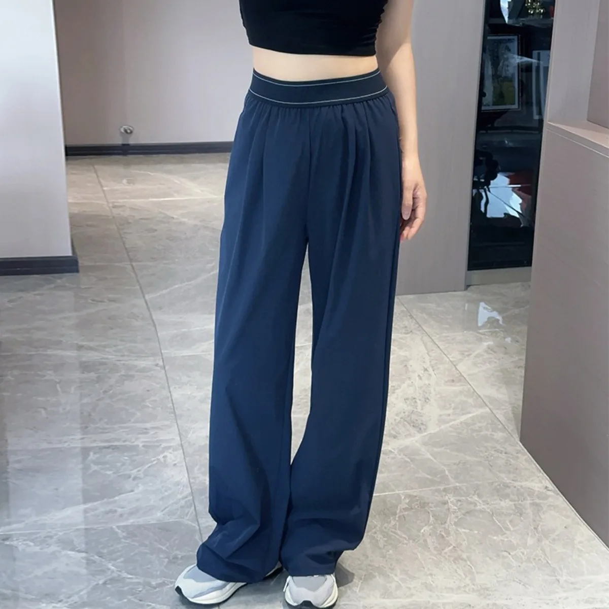 Neue elastische hohe Taille Casual Sporthose einfarbig amerikanischen Stil Hosen 2026 Mode High Street Sommer gerade Hose