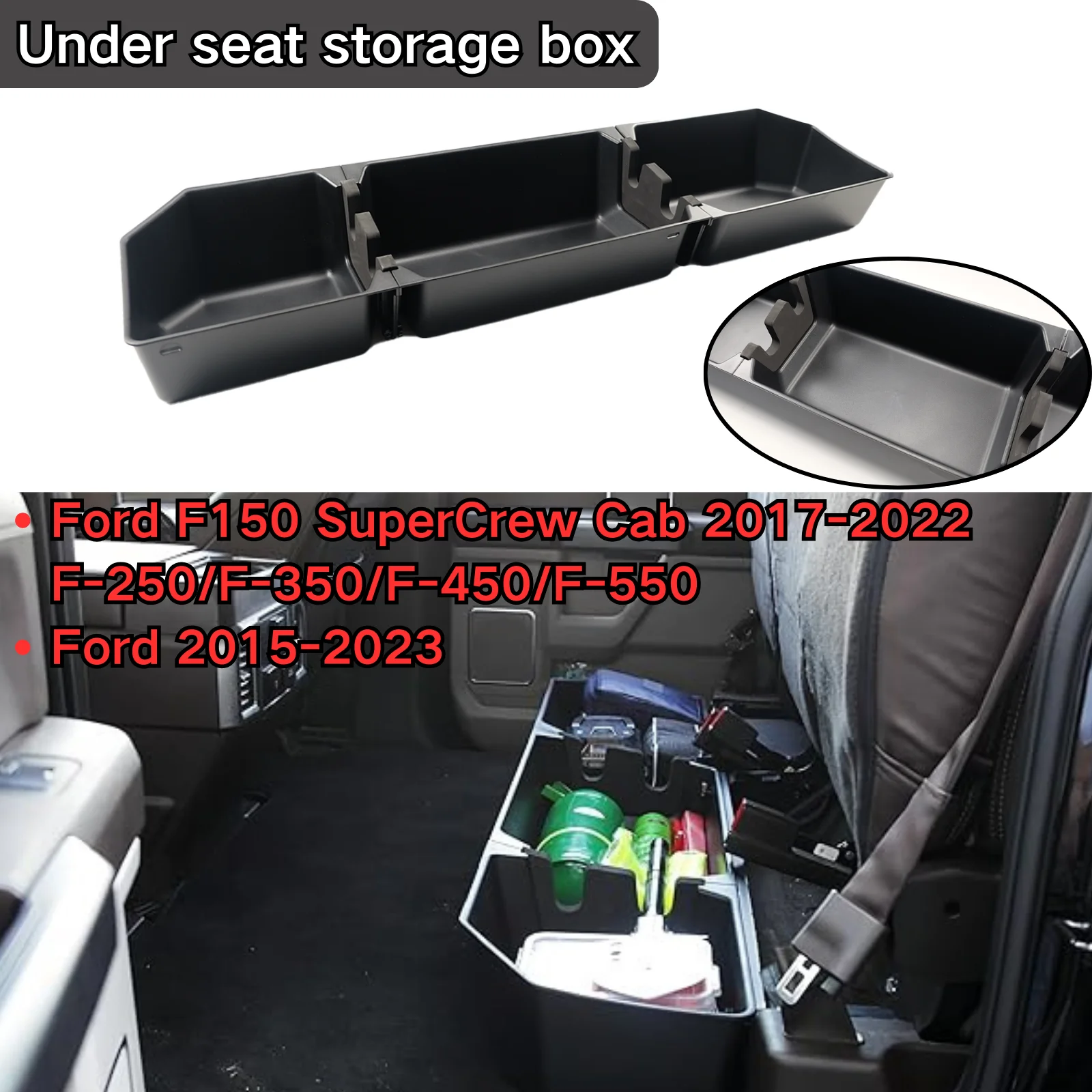 

Under seat storage box For Ford 2015-2023 F150 2017-2022 F-250/F-350/F-450/F-550 Super Duty Split Type Black Deposit 4 doors