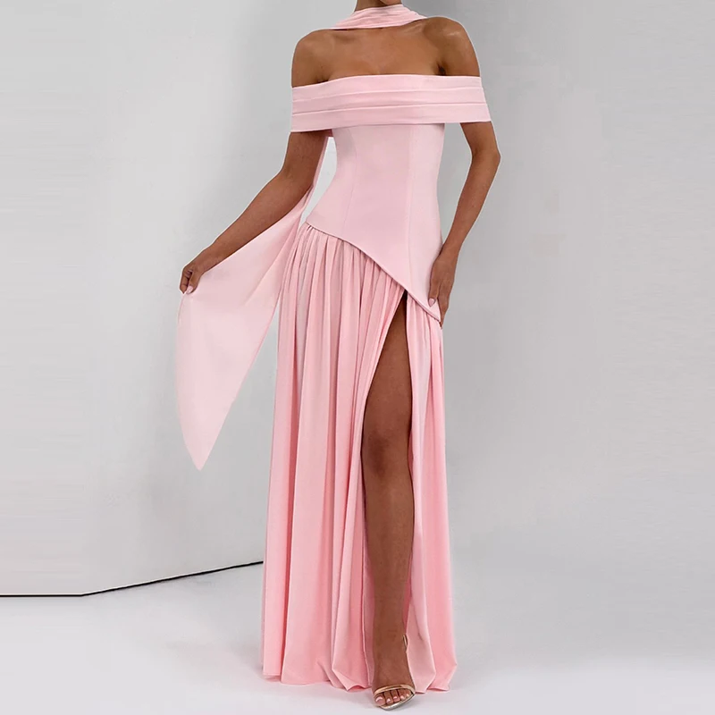 Abito da sera con lacci da donna con scollo a barchetta Abito lungo con spacco pieghettato impiombato solido primaverile Abito lungo Boho vuoto estivo senza schienale 2025