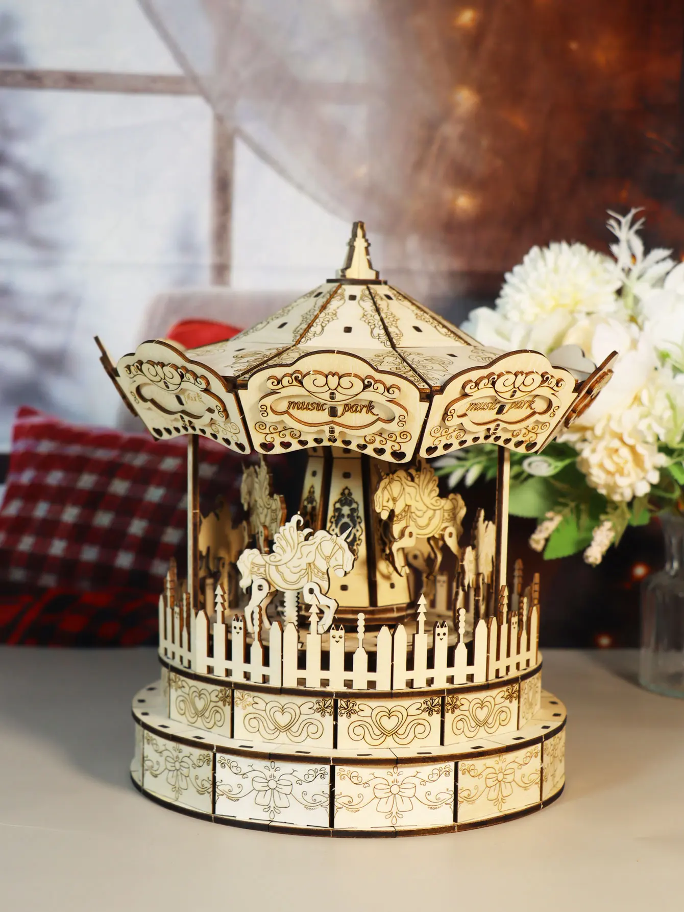 

3d Wooden Puzzle Carousel Music Box Handmade Assembly Model Kit Holidays Birthdays Christmas Gifts