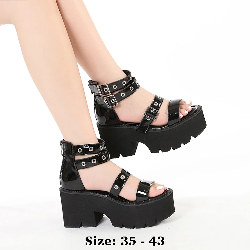

High quality summer thick soles patent leather sandals for women 8cm high heel 2025 35 43 platform open toe fashion shoe black