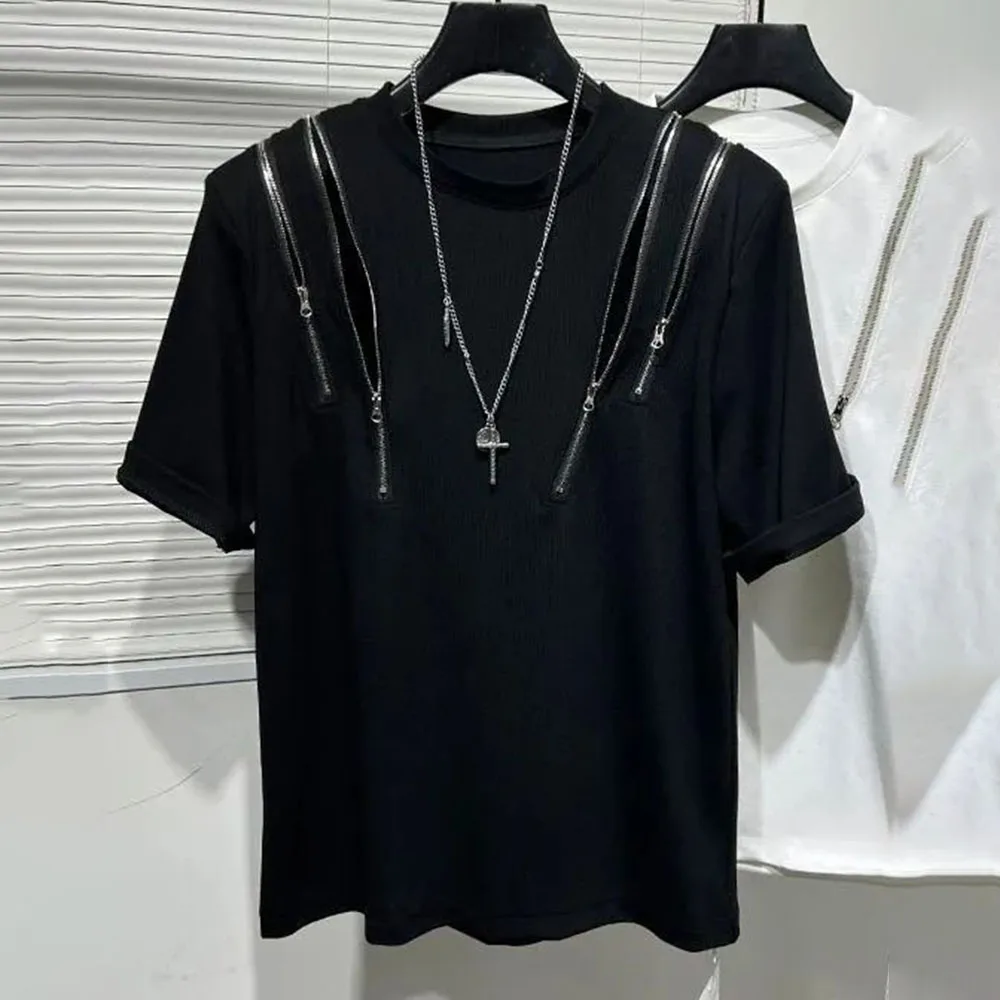 

Mens Irregular Zipper Splicing T-Shirt Genderless 2024 New Fashion Personality Casual Versatile Short-Sleeved Top For Men