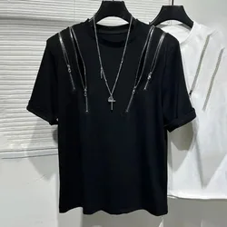 Mens Irregular Zipper Splicing T-Shirt Genderless 2024 New Fashion Personality Casual Versatile Short-Sleeved Top For Men