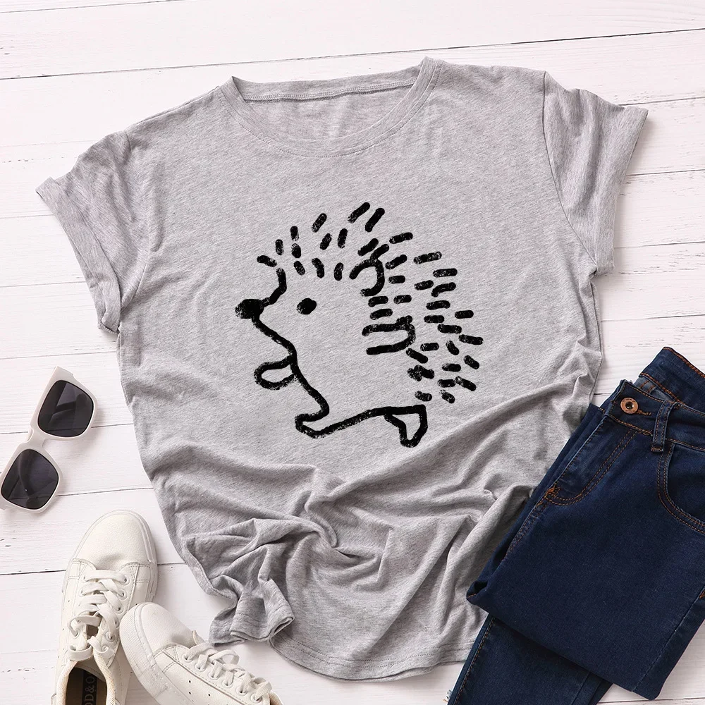 Summer New Stylish Tee Cute Hedgehog Printed Graphic Women Minimalist Tee Short Sleeve Crew Neck Cost-effective Women's Clothing