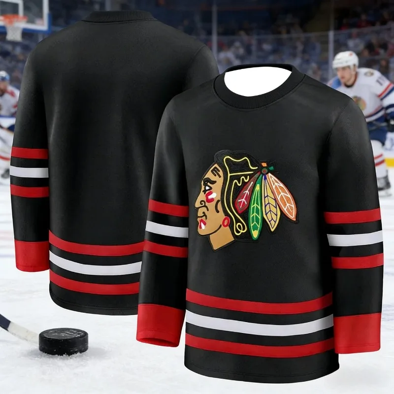 Camisa de Hóquei no Gelo Chicago Blackhawks Masculina Preta de Manga Longa, Uniforme Esportivo Respirável para Fãs de Hóquei e Presente