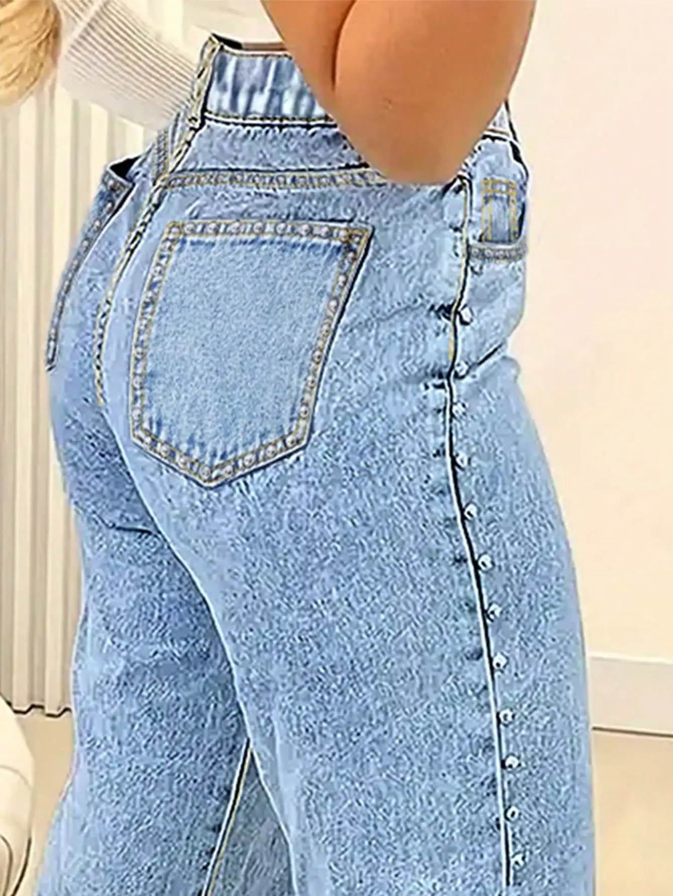 WGXWGX  Women's High-Waisted Trendy Studded Wide-Leg Jeans Cotton Denim Button-Front Full-Length Pants 2025 Fashion Detail