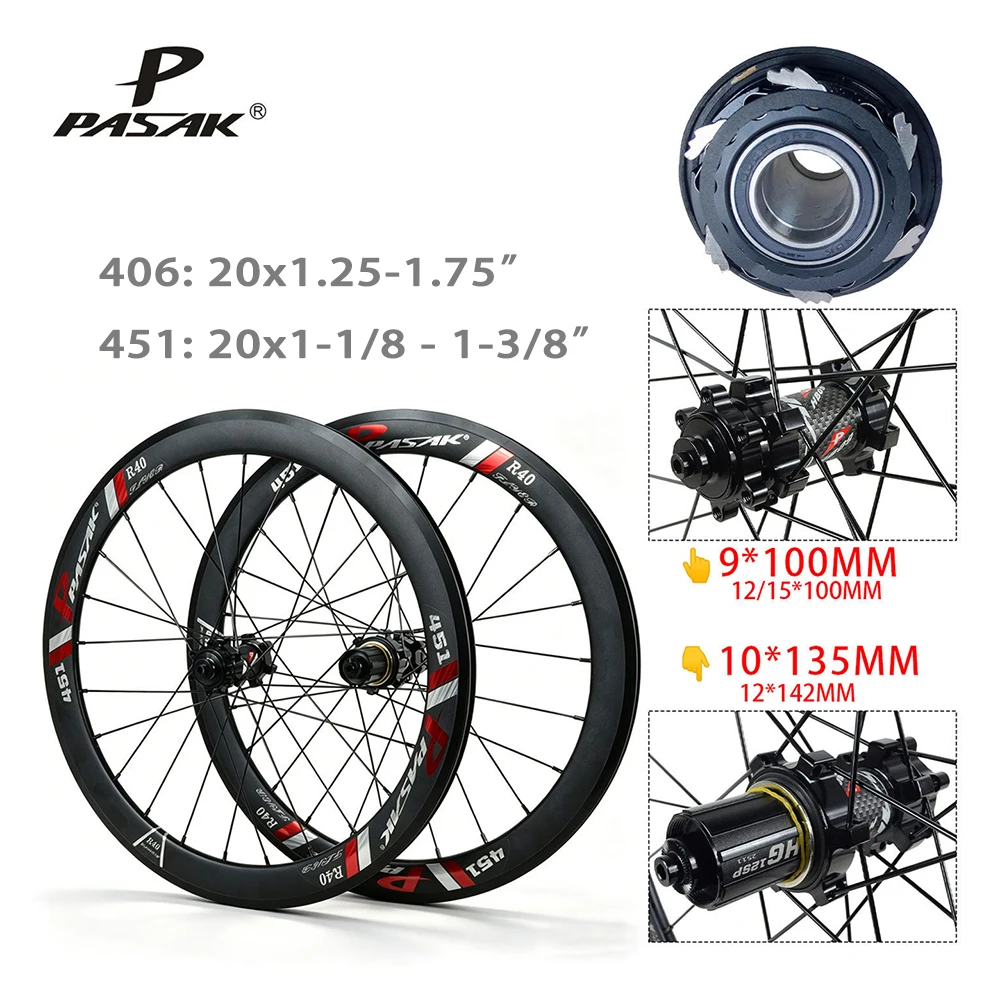 

Pasak 20 Inch Folding Bike Wheelset 406/451 Disc & Rim Brake 24 Holes 6 Pawls Hub Core 12s Driver 120 Clicks Sound Presta Valve