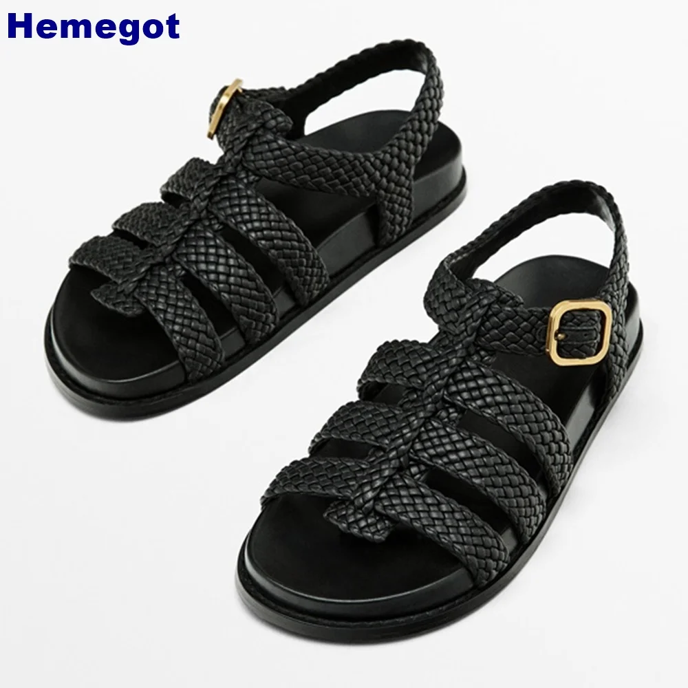 

Genuine Leather Braided Roman Sandals 2024 Summer New Black Fashion Women's Shoes Thick Sole Outdoor Casual Beach Buckle Sandals