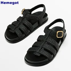 Genuine Leather Braided Roman Sandals 2024 Summer New Black Fashion Women's Shoes Thick Sole Outdoor Casual Beach Buckle Sandals