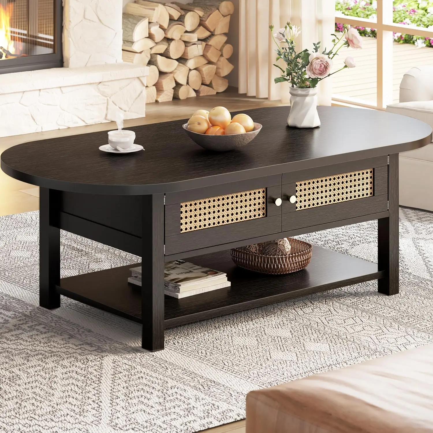 Oval Rattan Coffee Table, Modern Wood Living Room Center Accent Table With Storage Doors And Open Shelf For Home Office Bedroom, Boho Farmhouse Tea Table, Black Oak, One Piece