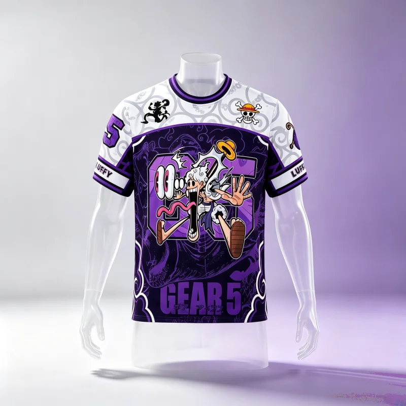 One Piece Luffy Gear 5 Nika Manga-Stil 3D Fußballtrikot Herren-Oberteil Anime Fußball-T-Shirt Sommer Fußballtrikot Familien-Set – Detail 6