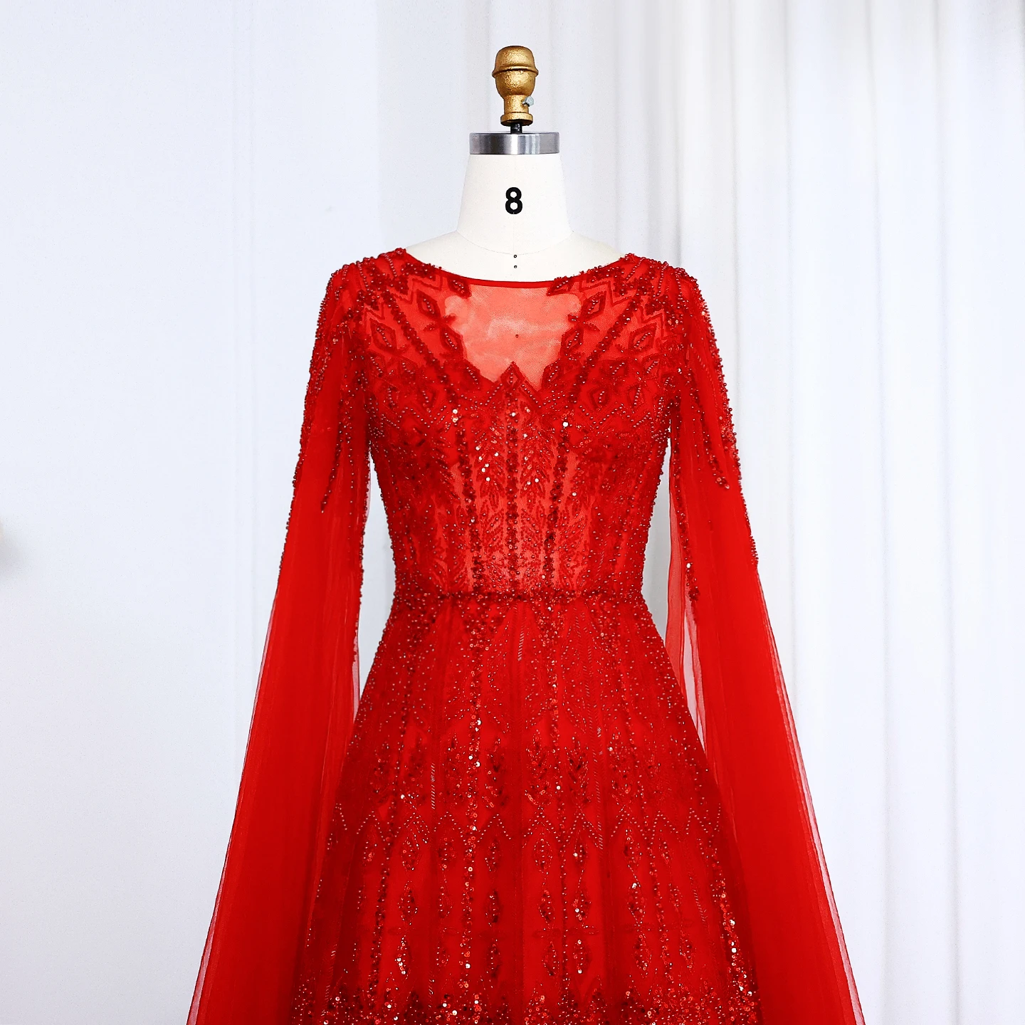 Sharon Said Luxuriöses Dubai Blaues Abendkleid mit Cape-Ärmeln in Übergröße, A-Linie, Arabisches Hochzeits- und Festkleid SS001, Maßanfertigung – Detail 33