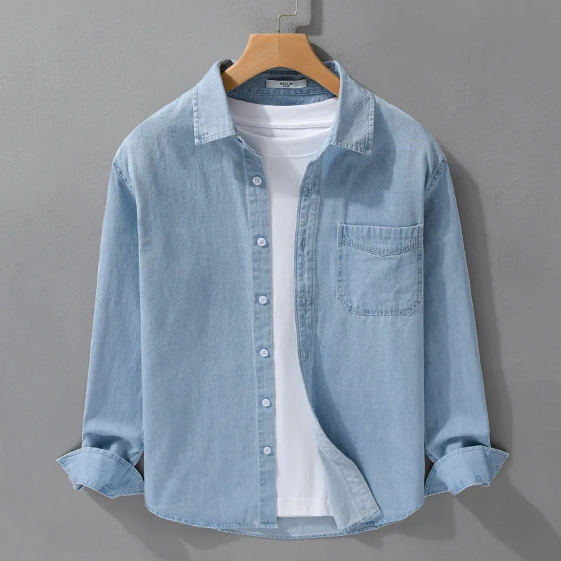 Spring Fall Long Sleeve Denim Shirt Men Daily Causal Shirts 100% Cotton Blue Jean Shirt with Pocket Comfortable Men's Clothing