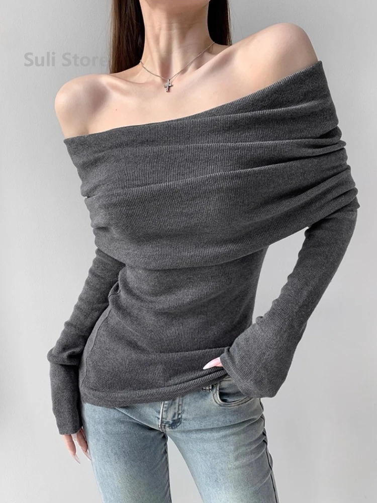 

Autumn Winter Off Shoulder Women Sweaters Elegant Vintage Knitted Solid Jumper High Stretch Top Soft Chic Pullovers 2025
